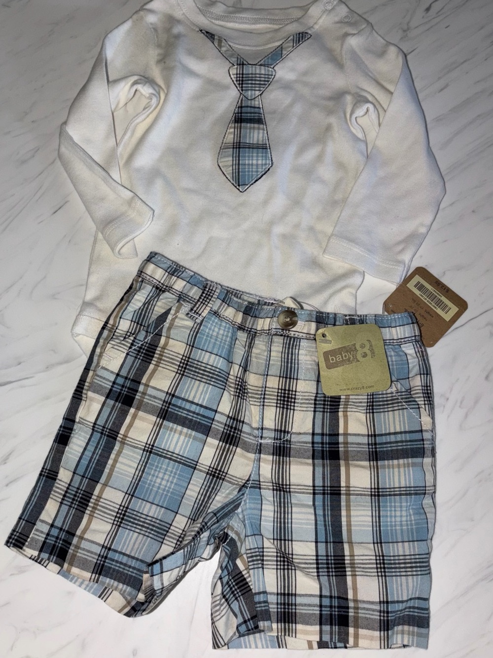 Crazy 8 white shirt neck tie new 6-12 mos shorts plaid new nwt